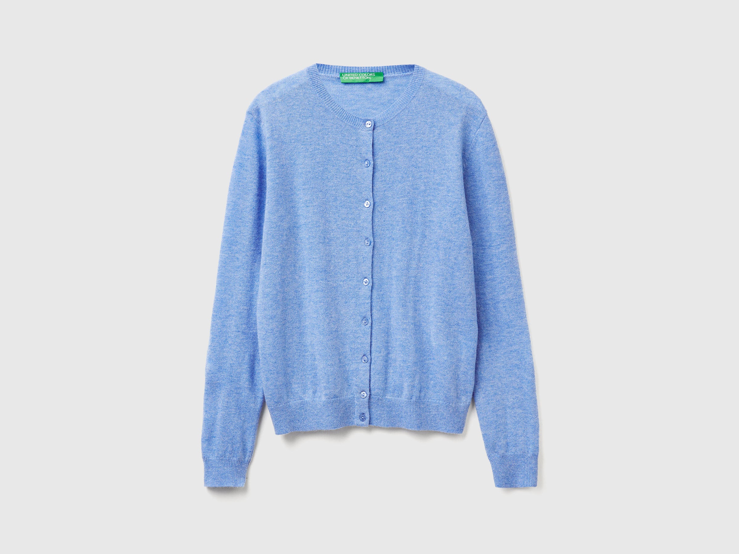Cardigã de gola redonda azul-claro em pura lã Merino - ucb_image_FS