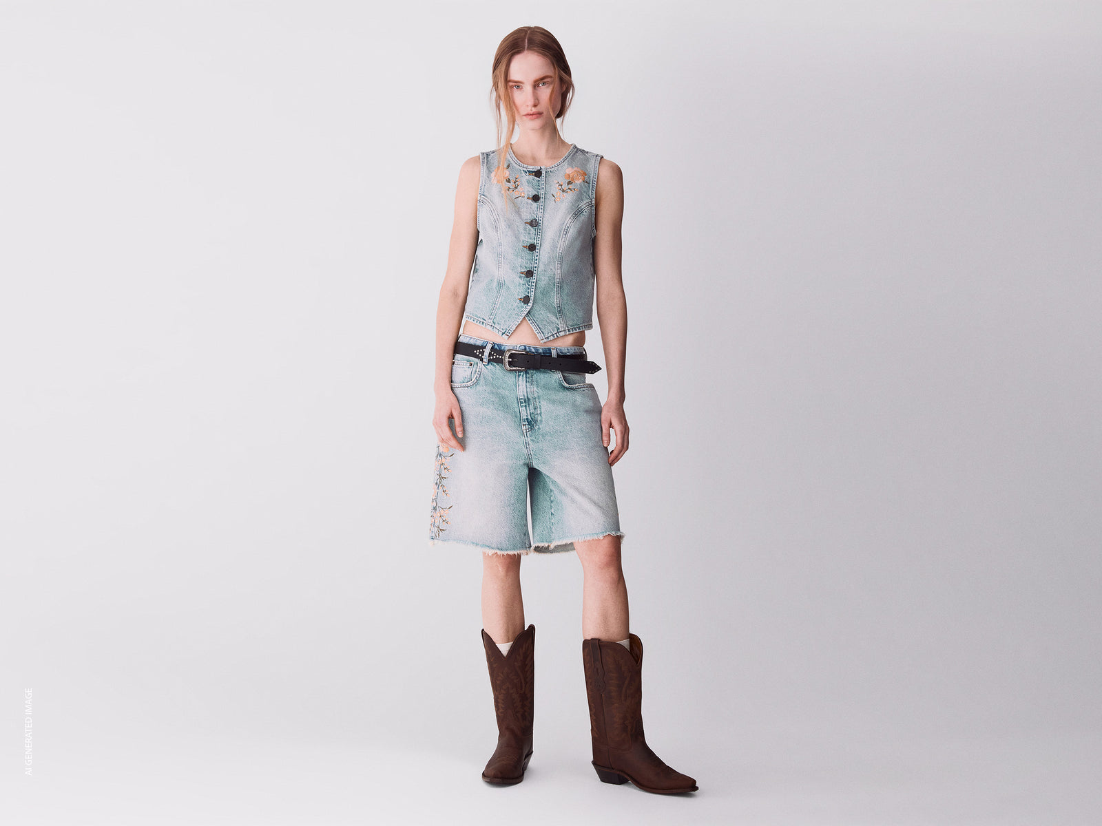 Denim Bermuda shorts with roses