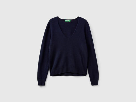 Camisola azul-escuro com decote em V em pura lã Merino - ucb_image_FS