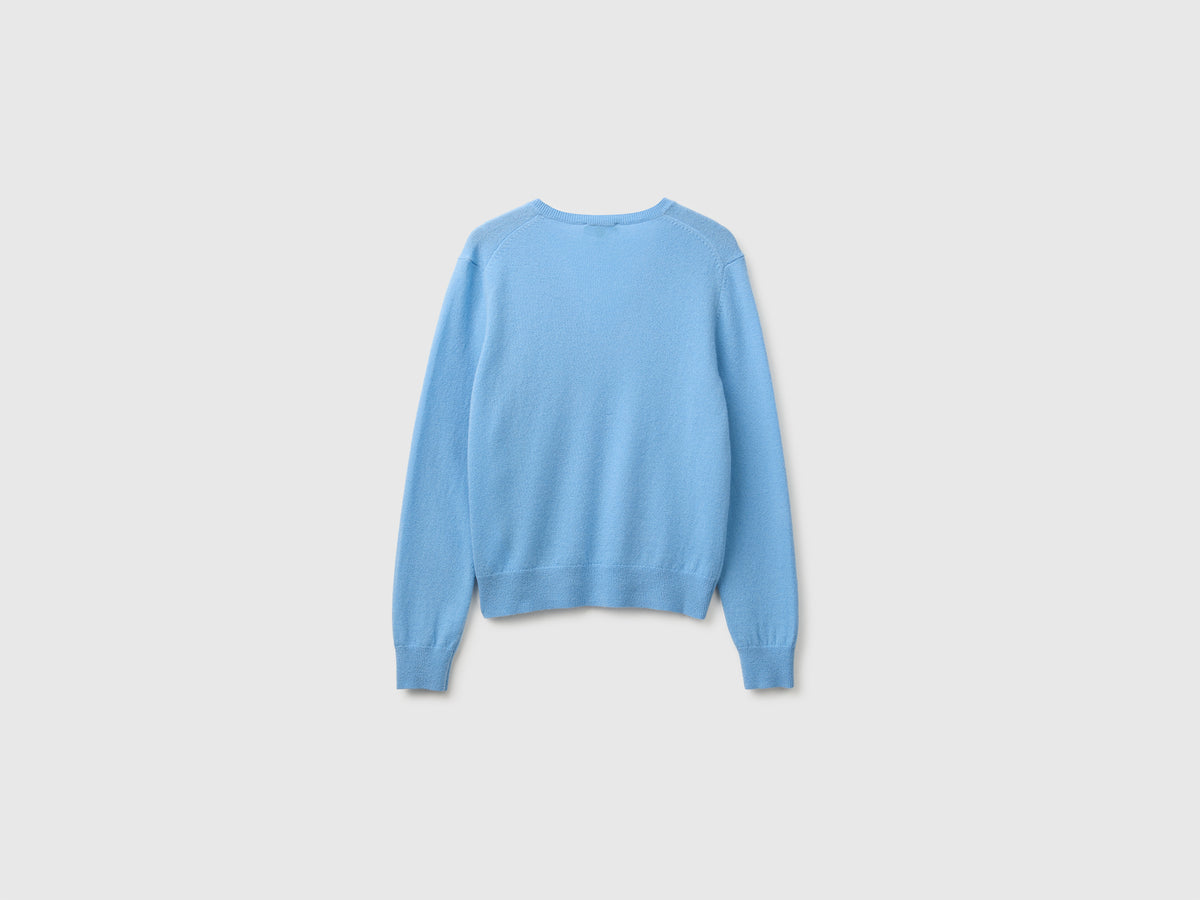 Camisola decote em V azul-claro em pura lã Merino - ucb_image_BS