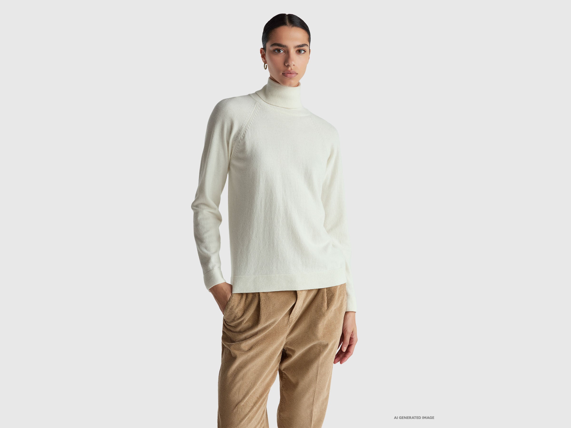 Camisola de gola alta nata em mistura de lã e caxemira. - ucb_image_F