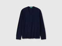 Camisola decote em V azul-escuro em pura lã Merino - ucb_image_FS