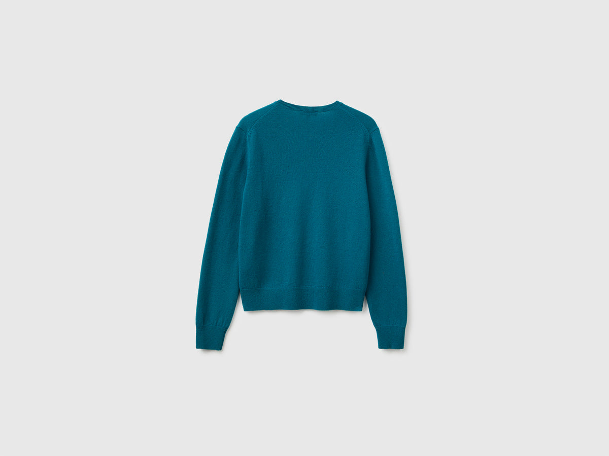 Camisola decote em V azul-petróleo em pura lã Merino - ucb_image_BS