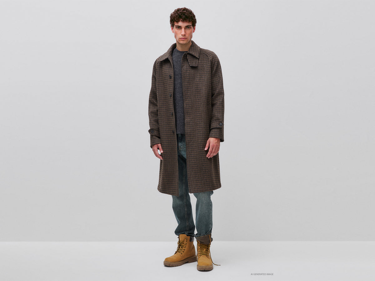 Long checked wool blend coat