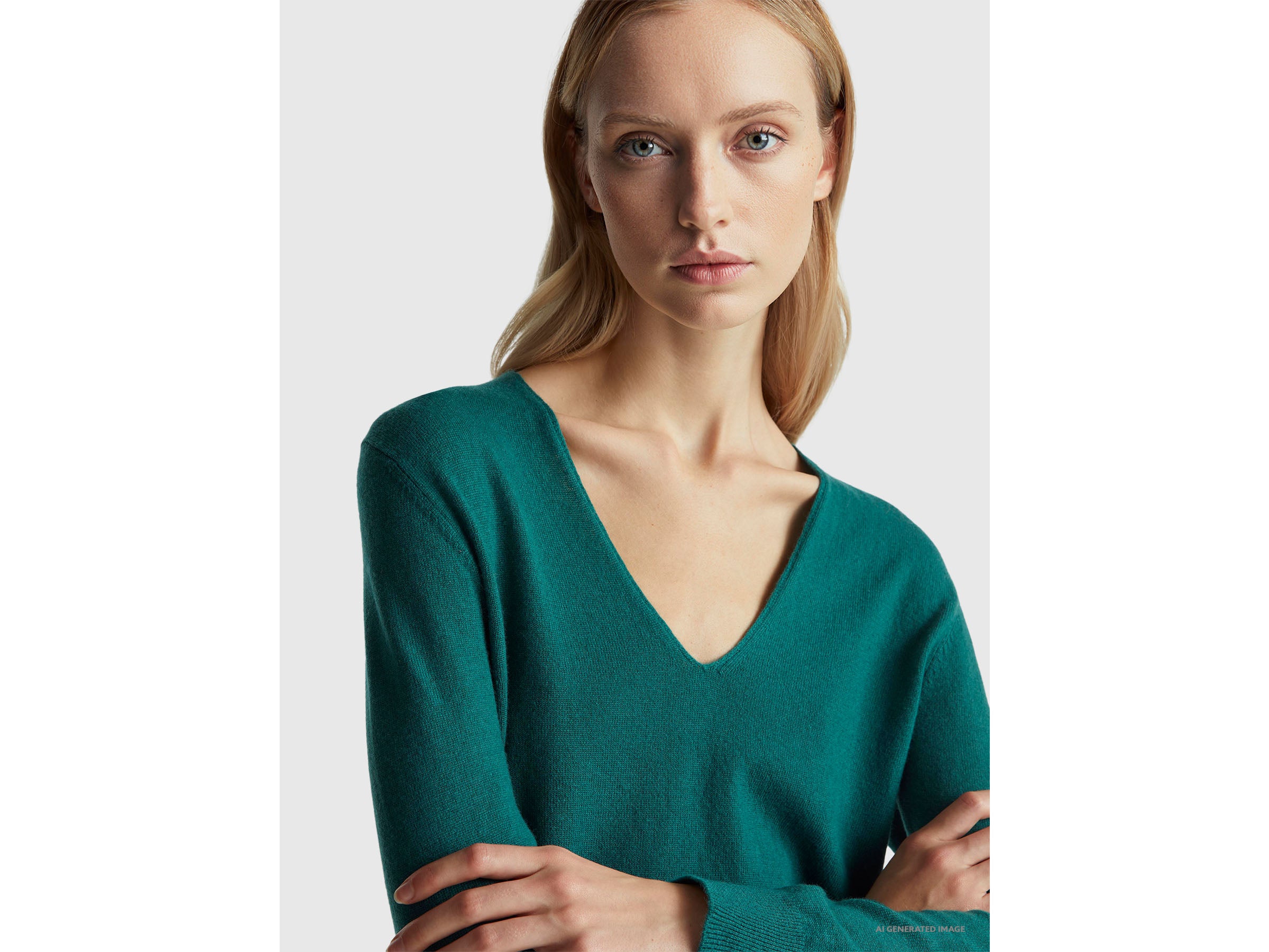 Camisola verde com decote em V em pura lã Merino - ucb_image_FY