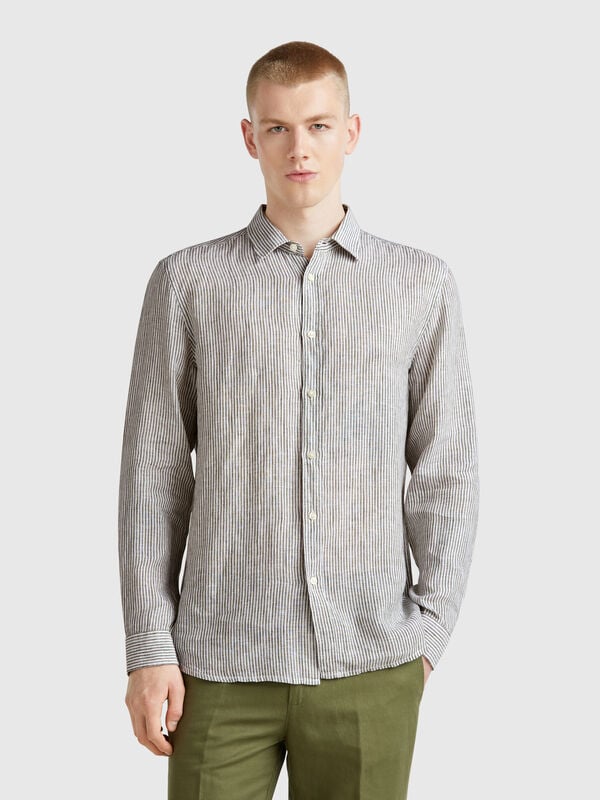 Green and white striped shirt in pure linen Men