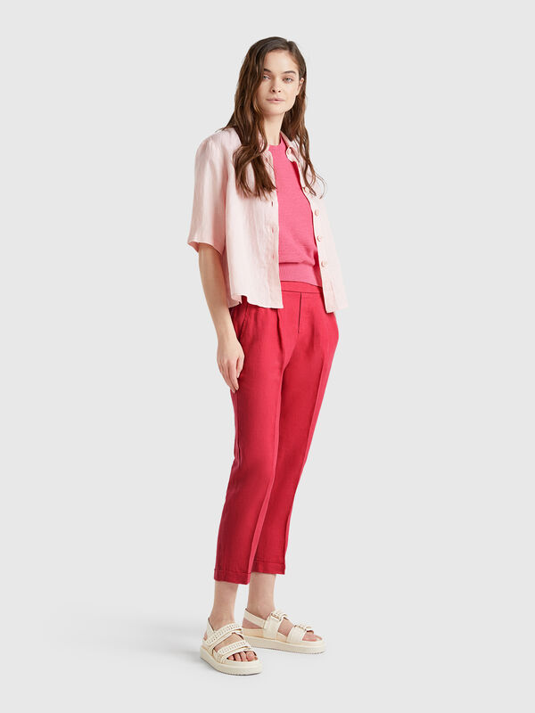 Cropped trousers in 100% linen Women