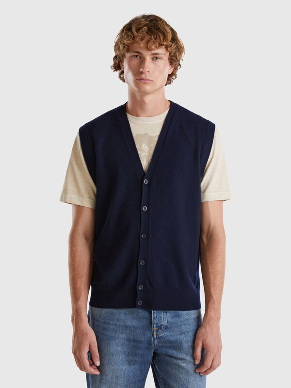 Veste sans manches bleu foncé en pure laine mérinos Homme