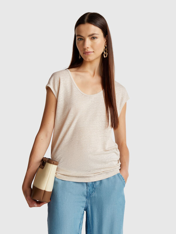T-shirt col large en pur lin Femme