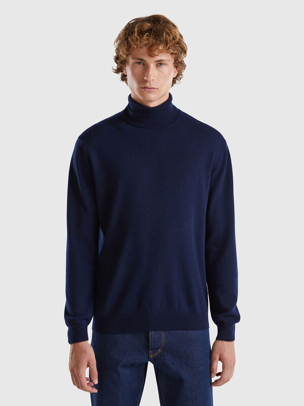 Pull à col montant bleu nuit en pure laine mérinos Homme