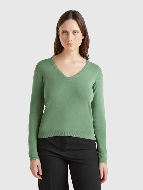 Pull en pur coton à col en V Femme