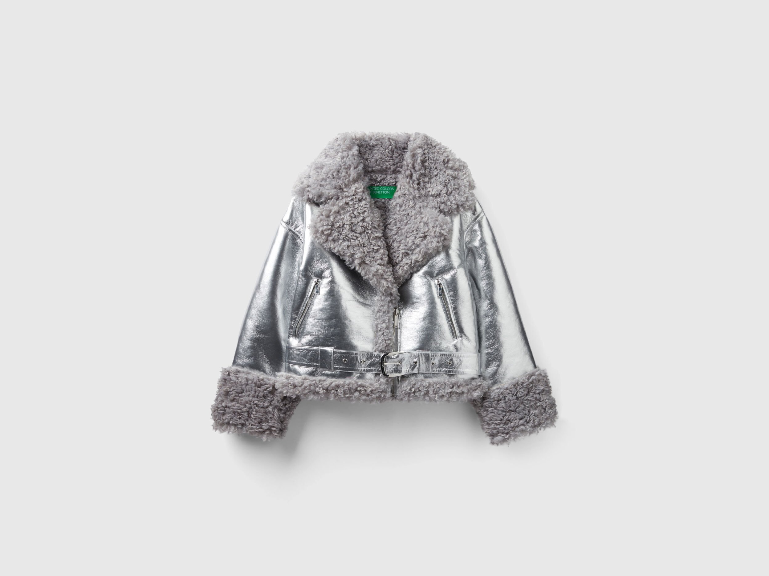 Biker jacket in imitation leather and faux fur Silver Benetton