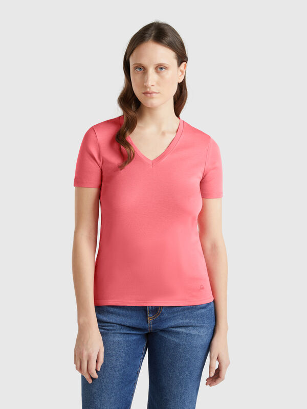 T-Shirt in Fuchsia aus reiner Baumwolle mit V-Ausschnitt Damen