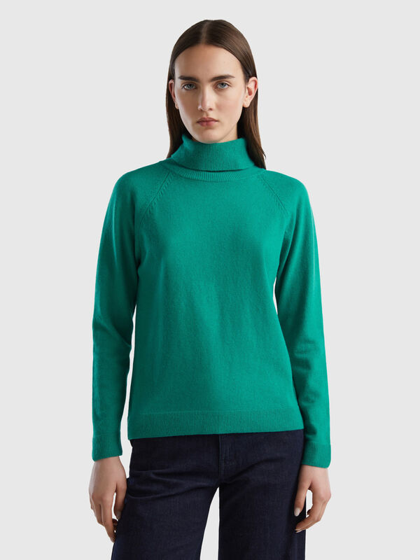 Aqua green turtleneck sweater in cashmere and wool blend Women