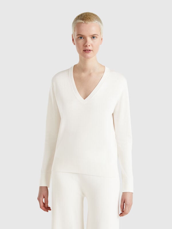 Pullover mit V-Ausschnitt aus Seidenmischung Damen