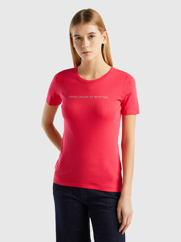 T-Shirt aus 100% Baumwolle mit glitzerndem Logoprint Damen