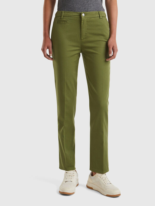 Military green slim fit cotton chinos Women