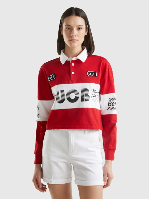 Cropped red polo with patch and prints Women
