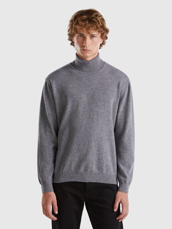 Pull gris foncé col roulé en pure laine Mérinos Homme