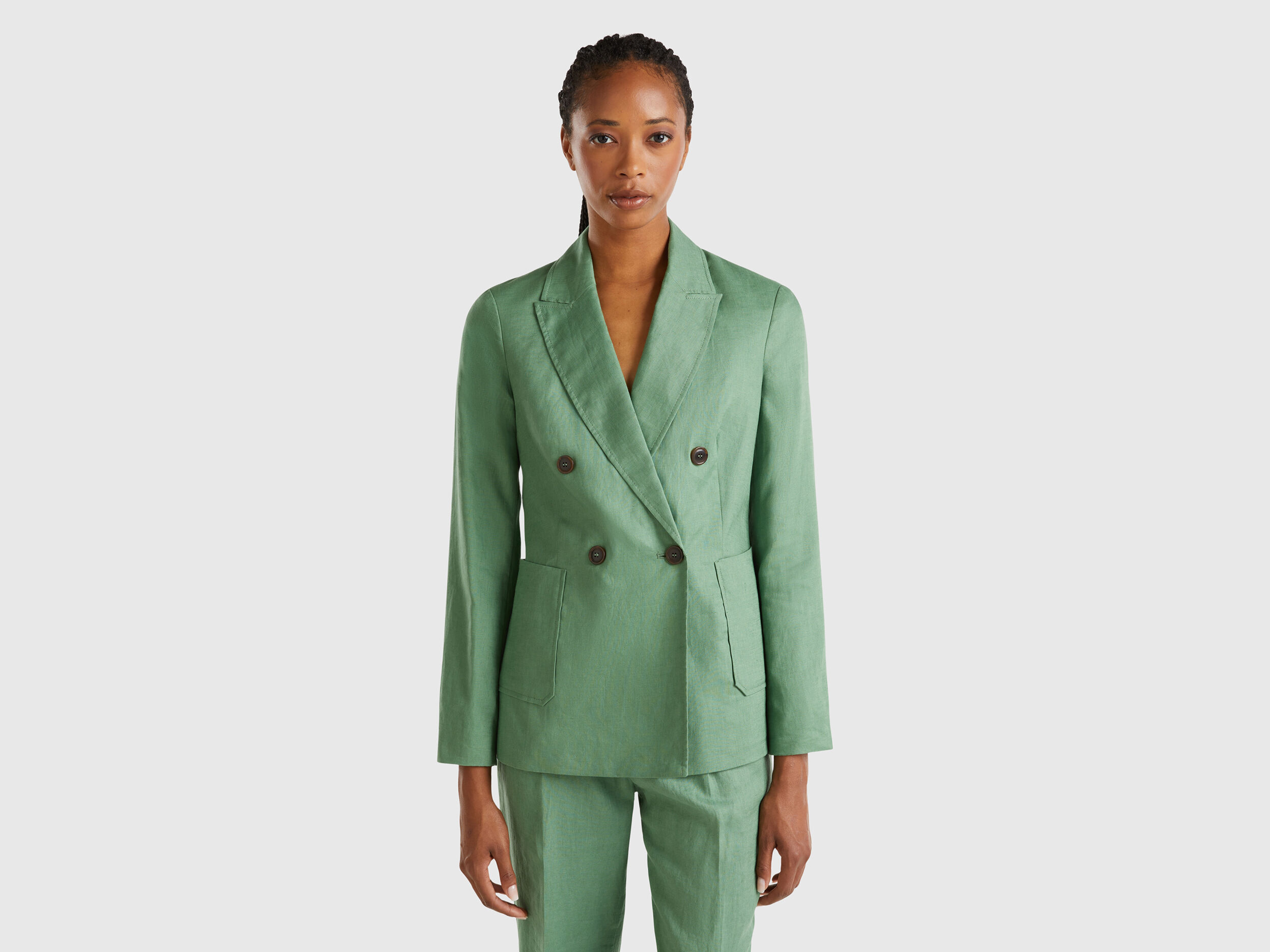 Double breasted blazer in pure linen Green Benetton