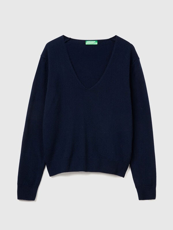 Dark blue V-neck sweater in pure Merino wool Women