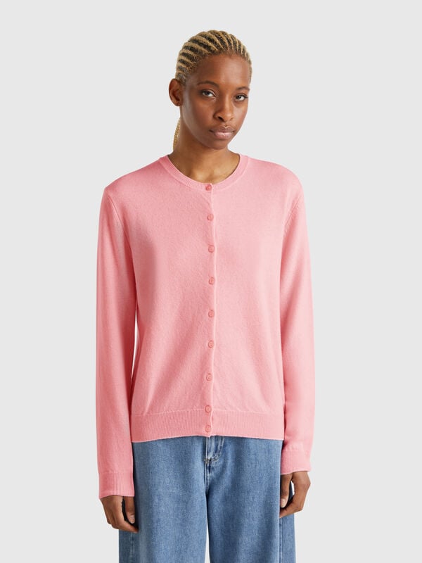 Gilet rose poudré à col rond en pure laine mérinos Femme