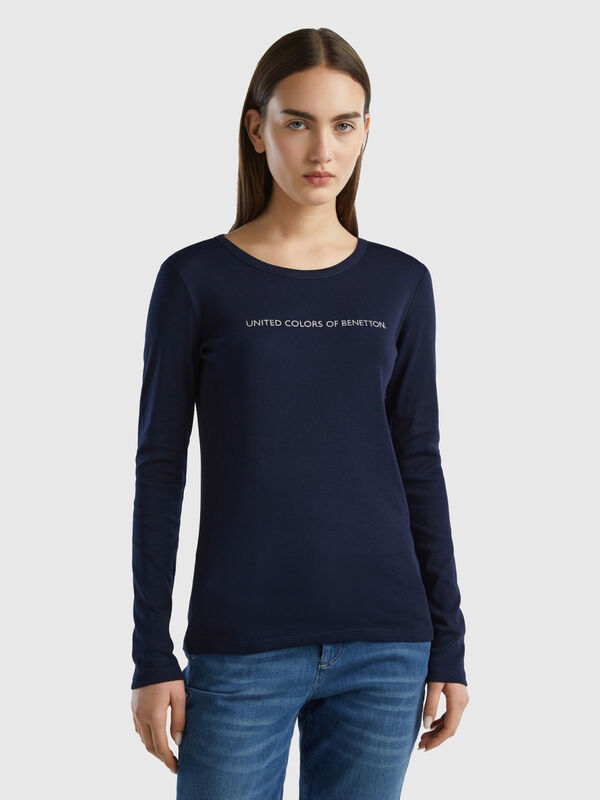 Langärmeliges dunkelblaues T-Shirt aus 100% Baumwolle Damen