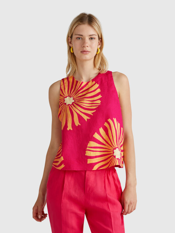 Top imprimé en pur lin Femme