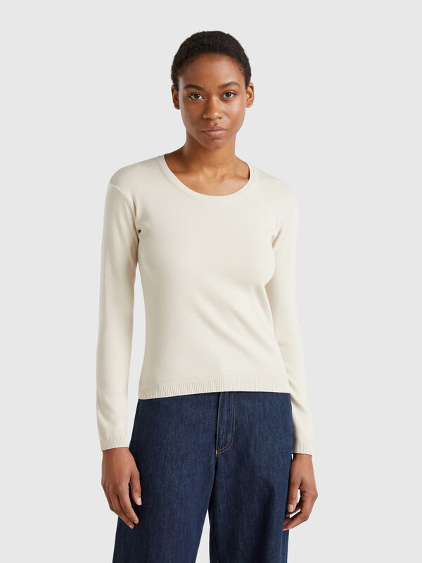 Beige crew neck sweater in pure cotton Women