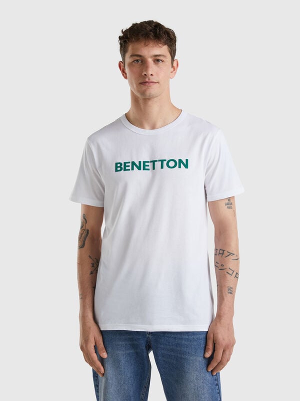 T-Shirt aus Bio-Baumwolle in Weiß mit grünem Logoprint Herren