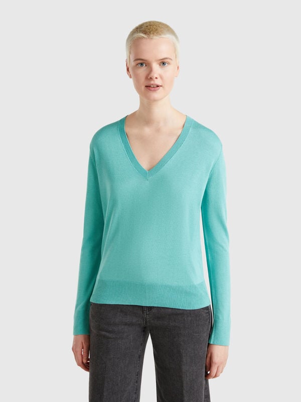 Pull col V en soie mélangée Femme