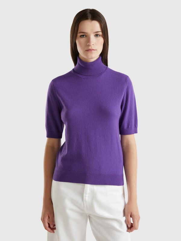 Pull col montant violet à manches courtes en cachemire mélangé Femme