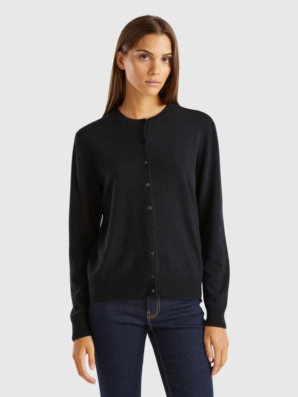 Rundhals-Cardigan in Schwarz aus reiner Merinowolle Damen