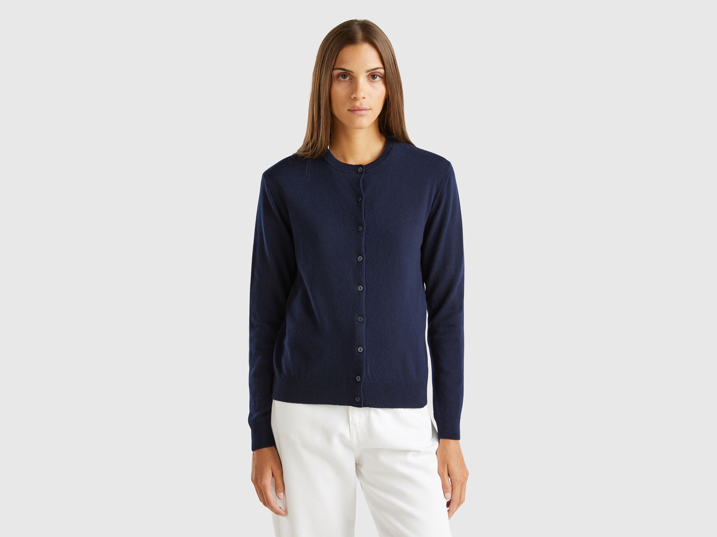 Midnight blue crew neck cardigan in pure Merino wool - Dark