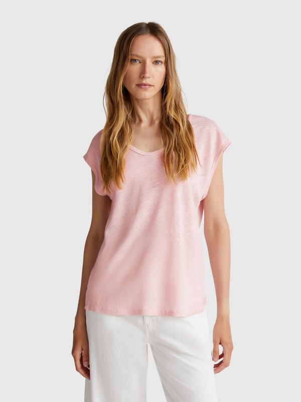 T-shirt col large en pur lin Femme