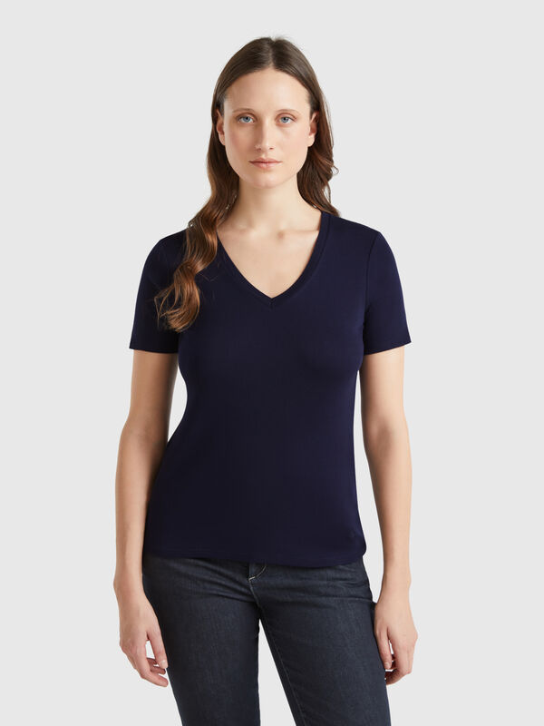 T-shirt bleu foncé en pur coton à col en V Femme