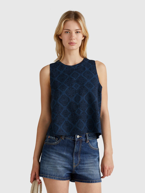 Top imprimé en pur lin Femme