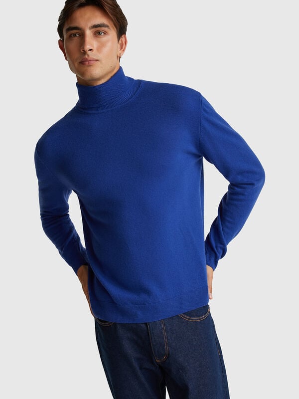 Blauer Rollkragenpullover aus reiner Merinowolle Herren
