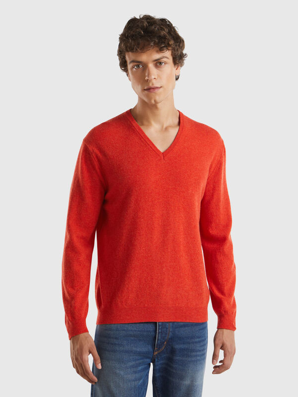 Orange melierter Pullover mit V-Ausschnitt aus reiner Merinowolle Herren