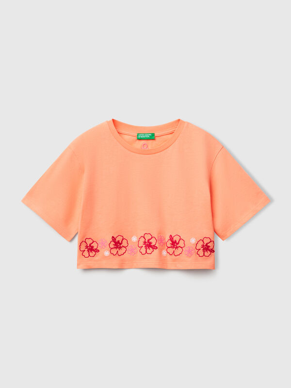 Orangefarbenes T-Shirt mit Blumenstickerei Mädchen