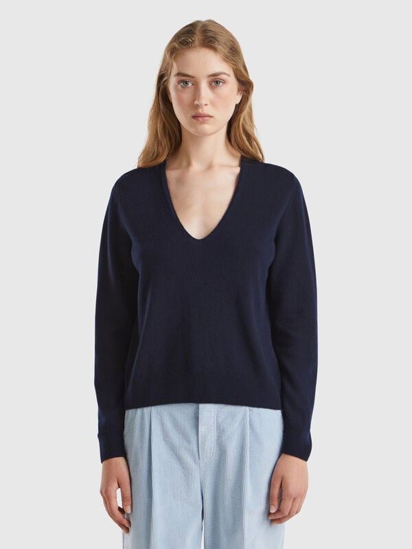 Pull col en V bleu nuit en pure laine mérinos Femme