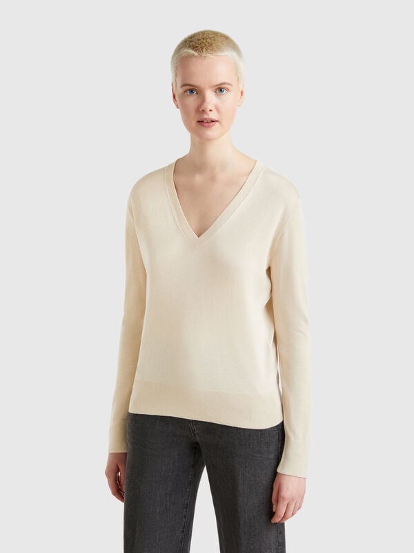 Pull col V en soie mélangée Femme