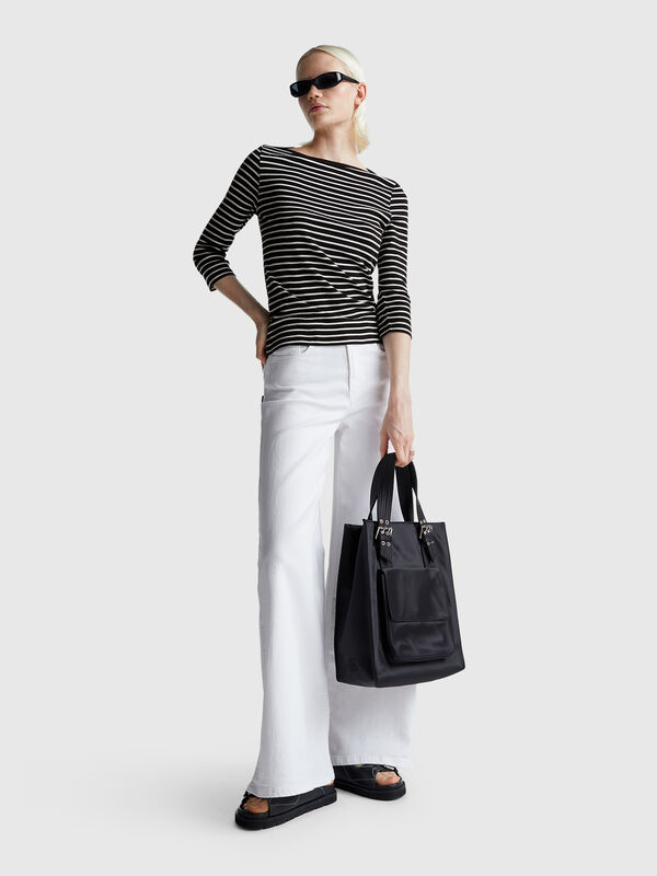 T-shirt rayé à manches 3/4 en pur coton Femme