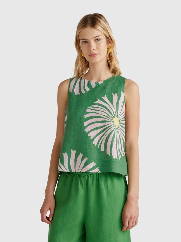 Top imprimé en pur lin Femme