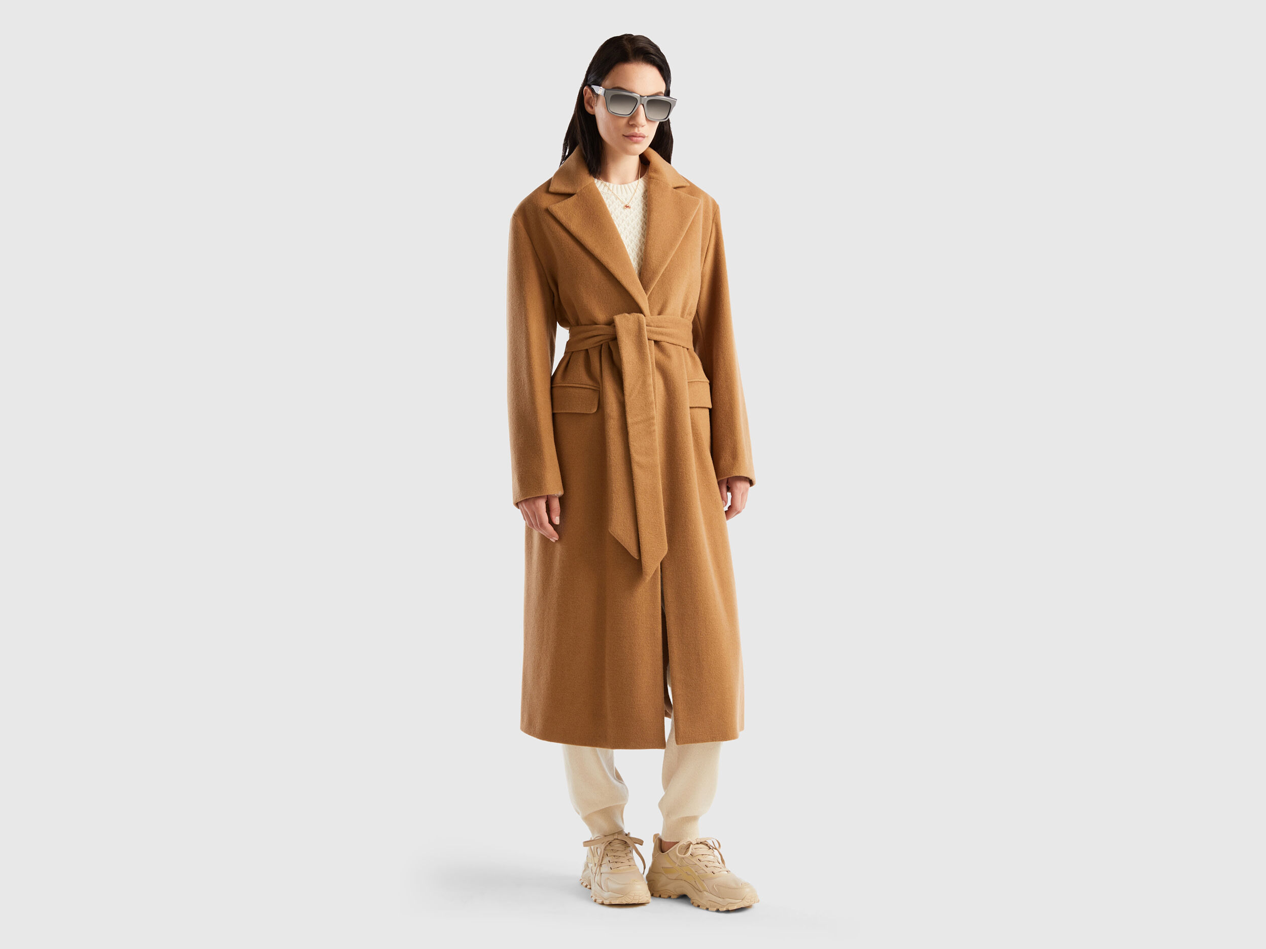 Camel wool coat with belt hot sale