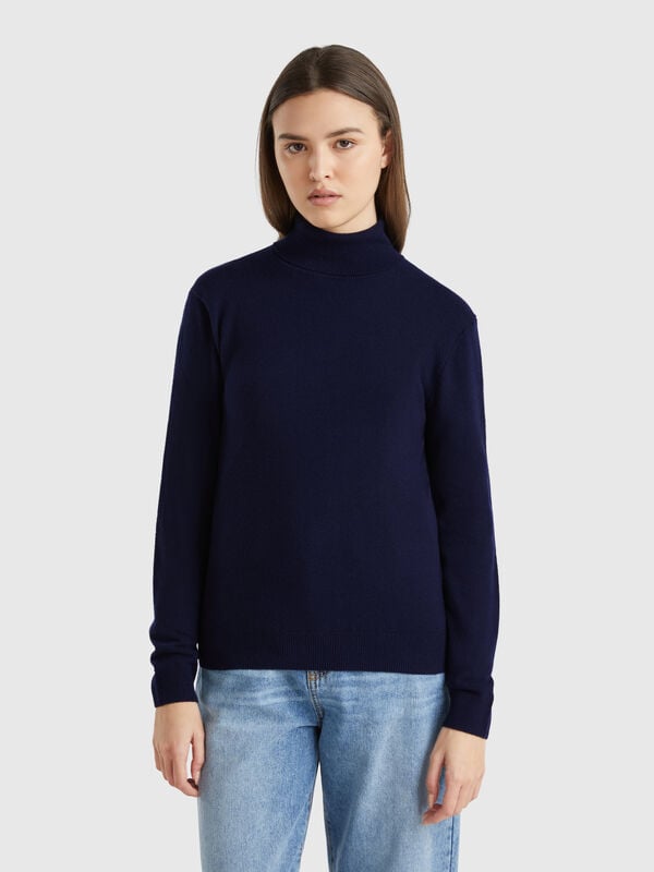 Pull bleu nuit à col montant en pure laine mérinos Femme