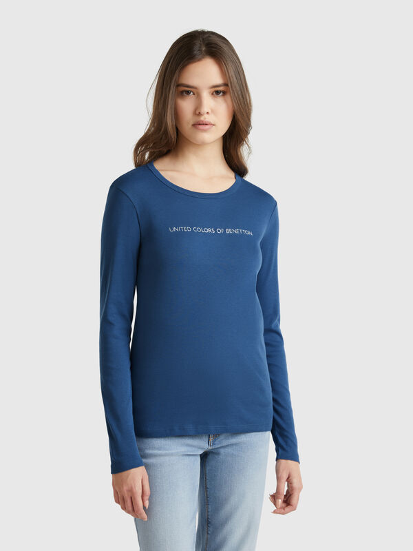 T-shirt bleu avio à manches longues 100 % coton Femme