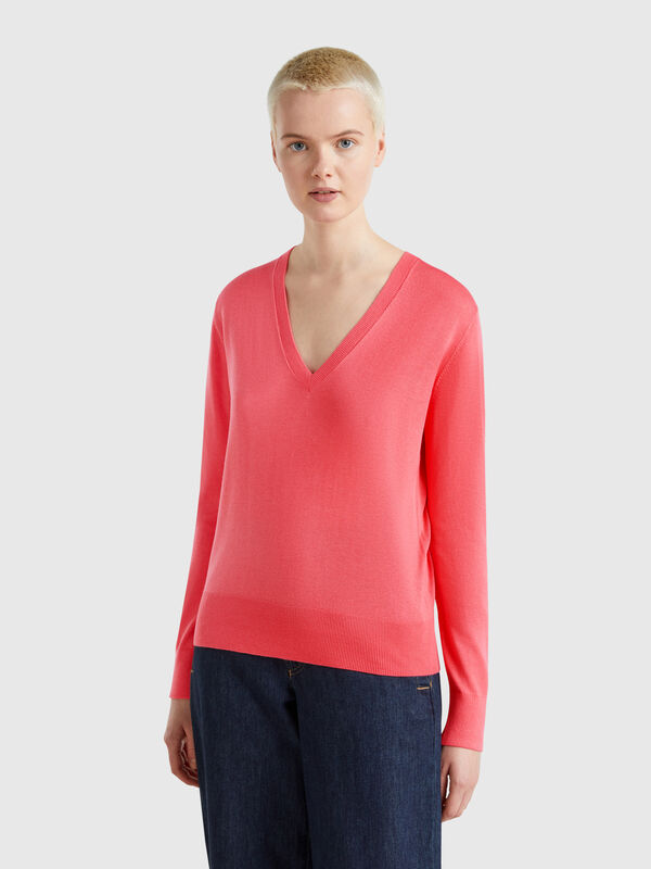 Pull col V en soie mélangée Femme