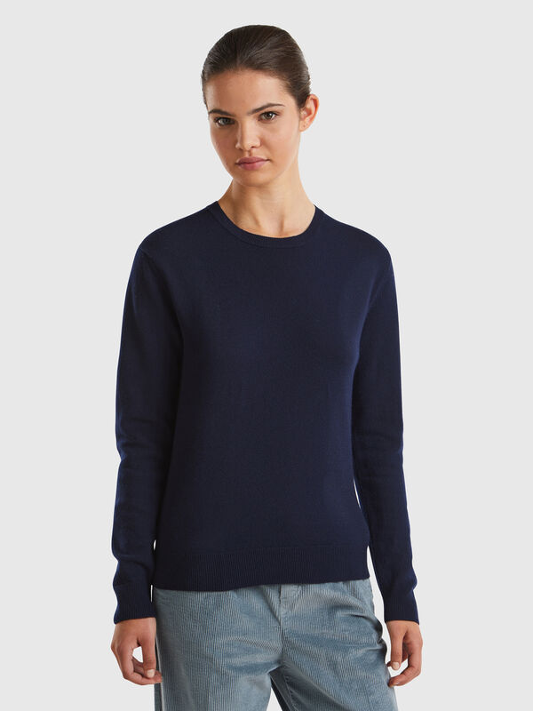 Pull bleu foncé col rond en laine Mérinos Femme