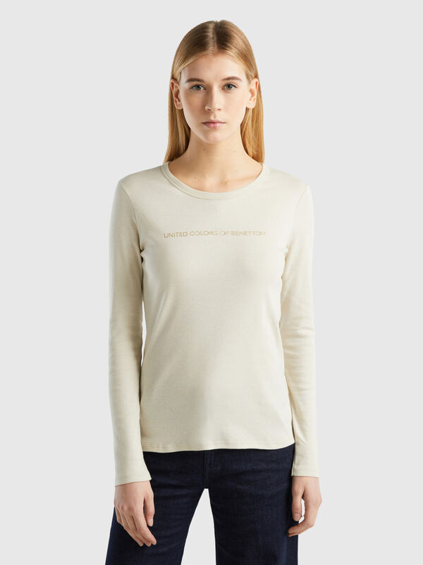 Langärmeliges beiges T-Shirt aus 100% Baumwolle Damen